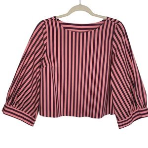 Topshop US 6 Pink Purple Black Stripe Cropped Puff Sleeve Cotton‎ Blouse